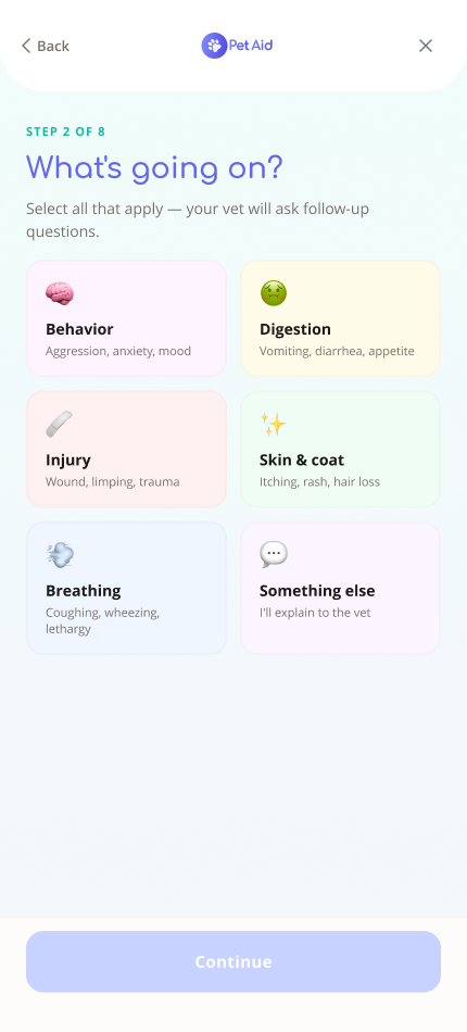PetAid mobile consultation flow, screen 2 of 8