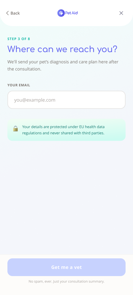 PetAid mobile consultation flow, screen 3 of 8
