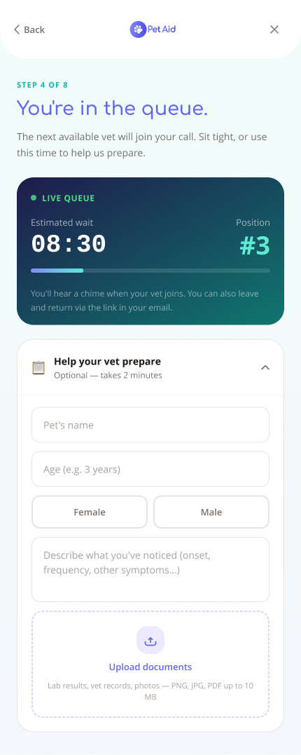 PetAid mobile consultation flow, screen 4 of 8