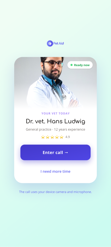 PetAid mobile consultation flow, screen 5 of 8