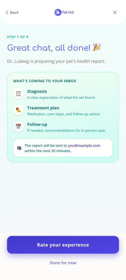 PetAid mobile consultation flow, screen 7 of 8