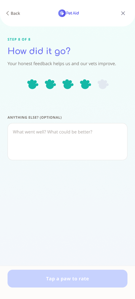 PetAid mobile consultation flow, screen 8 of 8