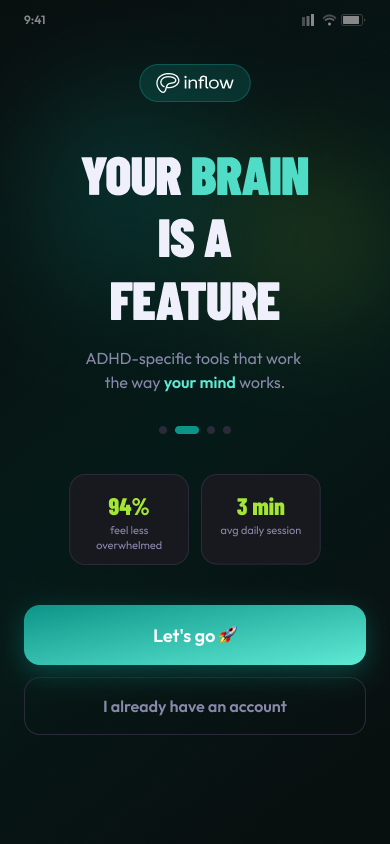 Redesigned Inflow onboarding screen introducing the ADHD-focused value proposition