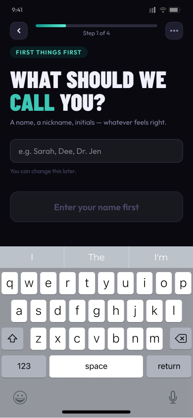 Redesigned Inflow onboarding name entry with clear progress and focused hierarchy
