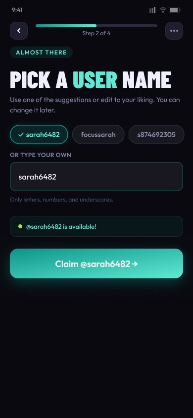 Redesigned username selection screen