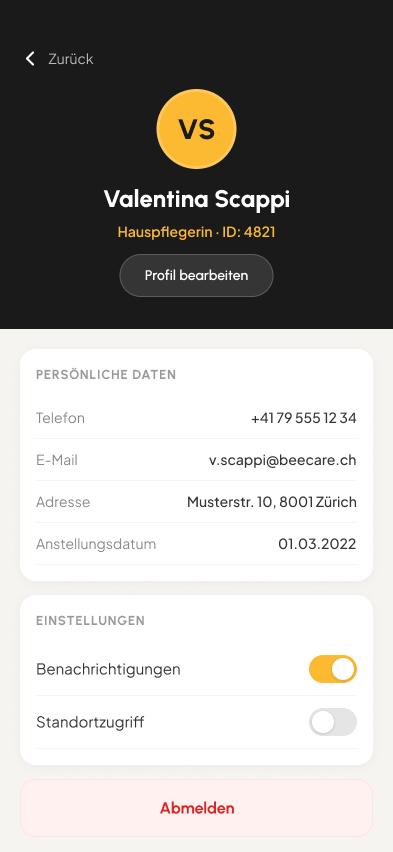 Longevo caregiver profile screen
